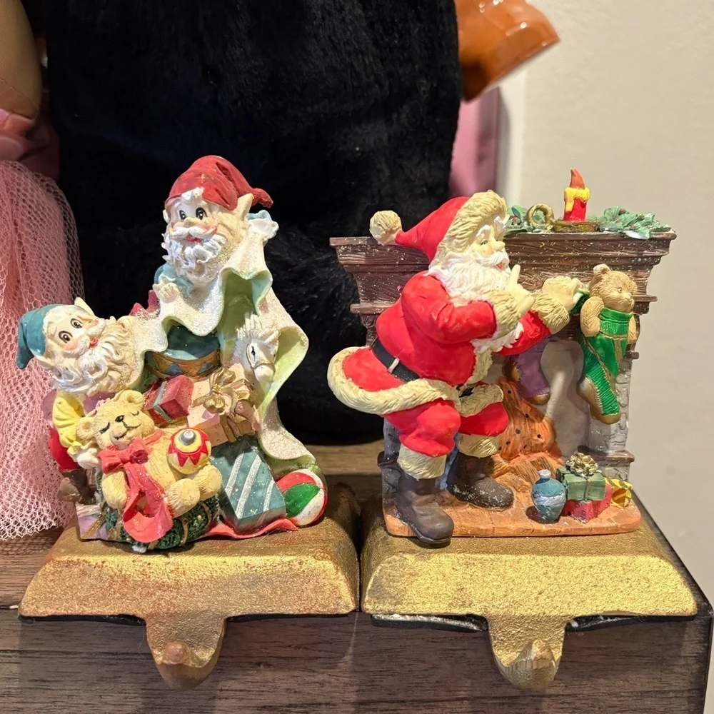 Set of 2 Vintage Heavy Cast Iron Christmas Stocking Mantel Hook Holders Santa
